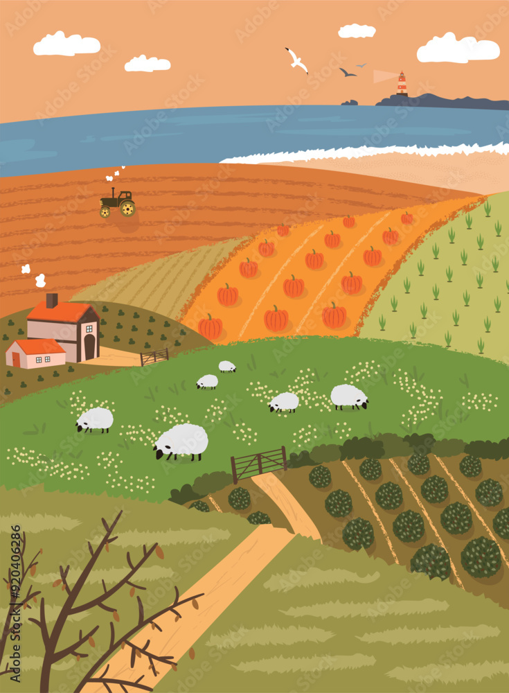 시골 가을 농사 논밭 손그림 벡터 일러스트 Stock Vector | Adobe Stock