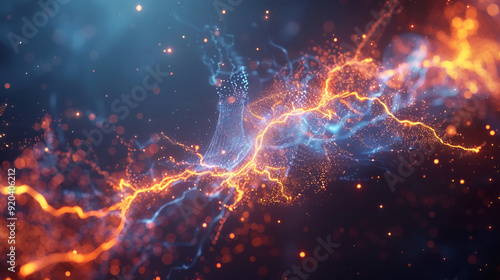 a vibrant, abstract scene with vivid, electric-like orange lines and dots spreading across a dark blue and cloudy background The bright lines appear almost like rivers of molten lava 