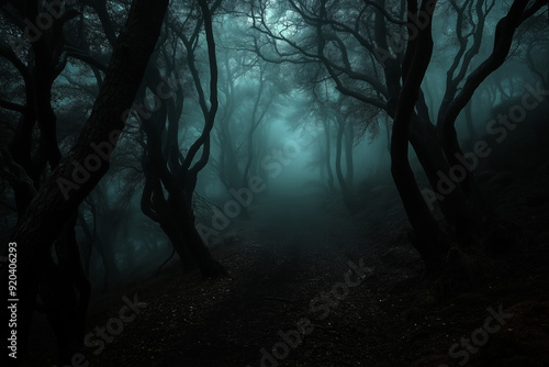 Spooky forest in the mist