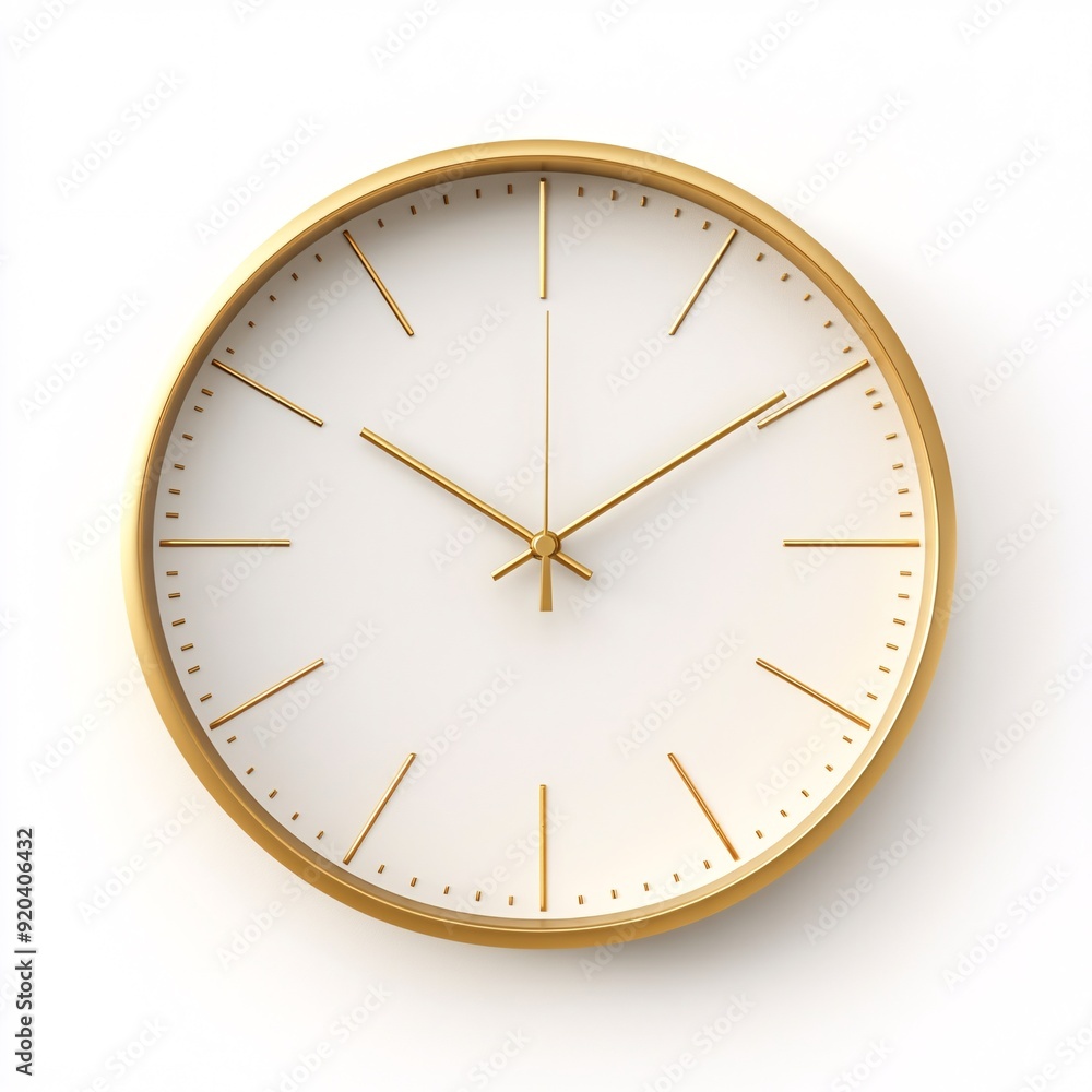 240805 100. Wall clock in metallic gold hue, white background, 3D Rendering, isometric, slim profile, backlit face, silent sweep second hand 240805 100. Wall clock in metallic gold hue, white background, 3D Rendering, isometric, slim profile, backlit face, silent sweep second hand