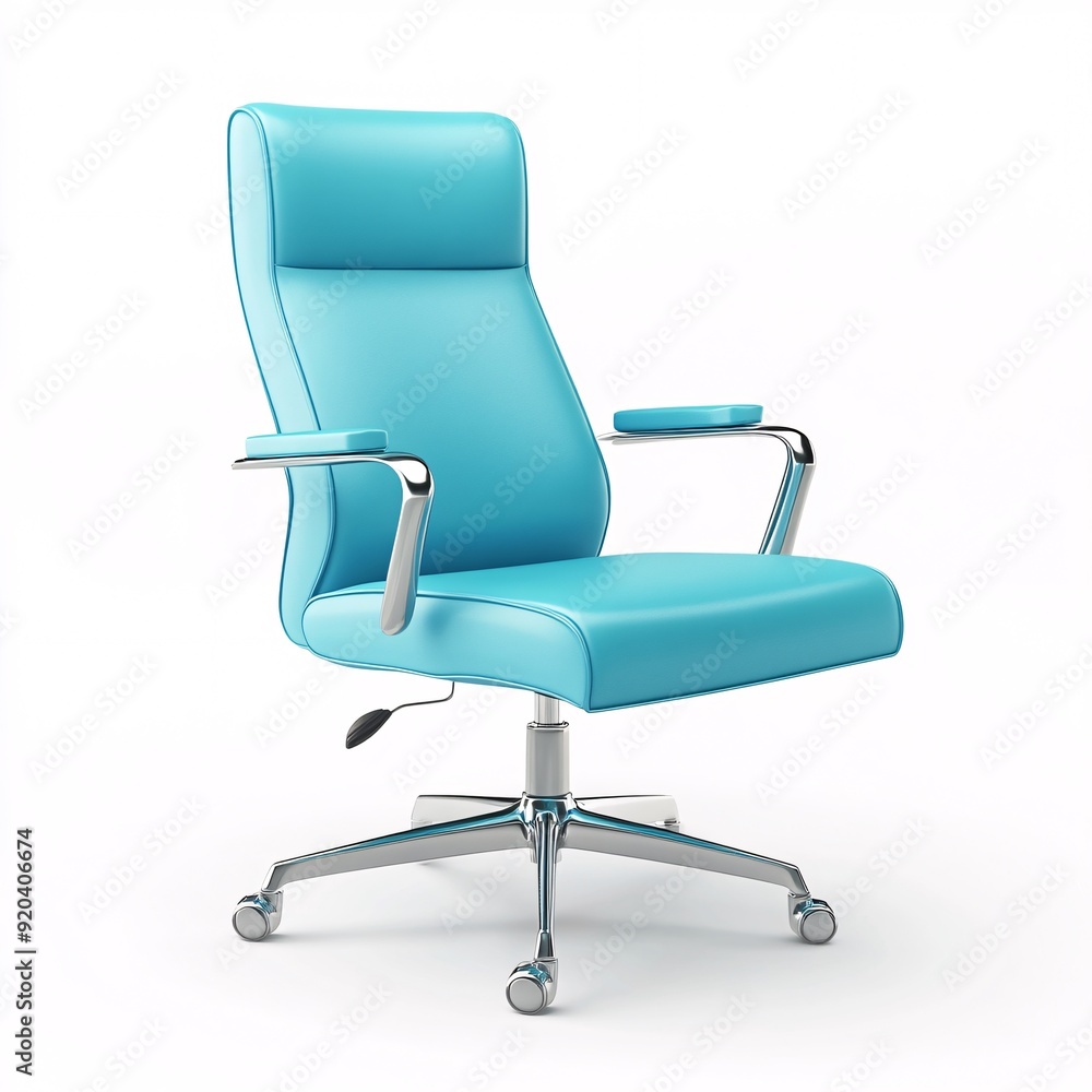 240805 107. Cyan colored office chair, white background, 3D Rendering, isometric, sleek modern style, chrome base, pneumatic height adjustment 240805 107. Cyan colored office chair, white background, 3D Rendering, isometric, sleek modern style, chrome base, pneumatic height adjustment
