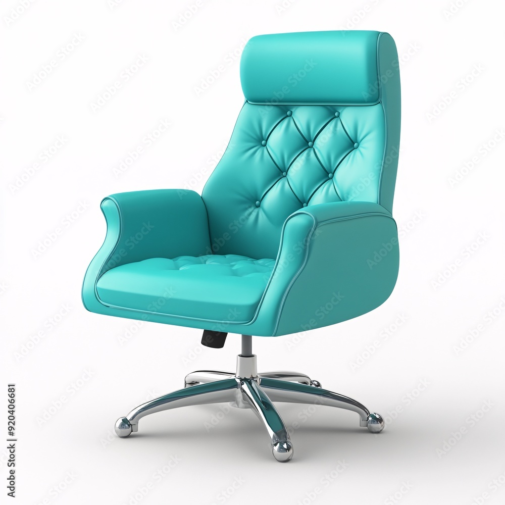 Naklejka premium 240805 107. Cyan colored office chair, white background, 3D Rendering, isometric, sleek modern style, chrome base, pneumatic height adjustment