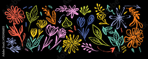Set of hand drawn colorful charcoal pencil doodle flowers and plants in childish style.   Charcoal drawn flowers. Vector botanical ornament  with contemporary floral motif