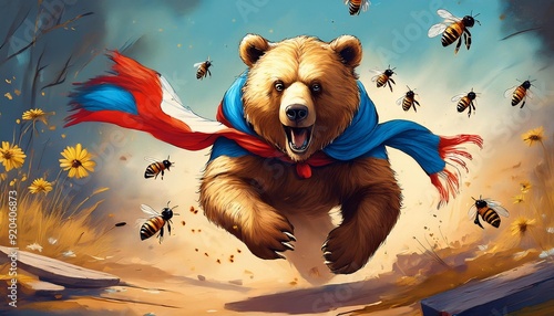 A crazy bear in the white, blue, and red scarf is running away from angry bees whose beehive he has destroyed. It can be used as a metaphor photo