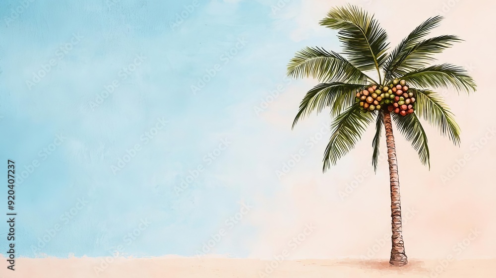 Obraz premium Tall and slender palm tree, bearing clusters of juicy exotic fruits, sunlit beach, Watercolor style
