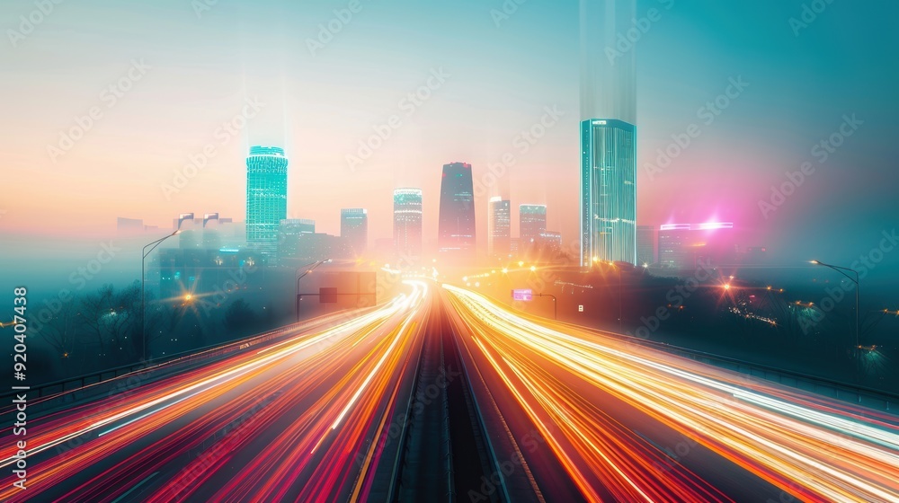 Fototapeta premium A breathtaking view of a city skyline illuminated at night, with streaks of light trails from traffic on the roads below.