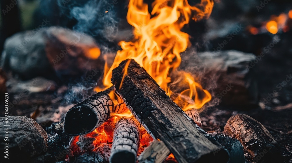Close-up of a burning campfire with logs and flames Close-up of a burning campfire with logs and flames