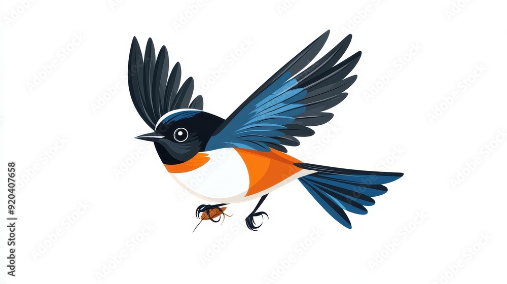 Obraz premium A male redstart swoops gracefully, skillfully snatching an insect meal in a vibrant cartoon landscape.