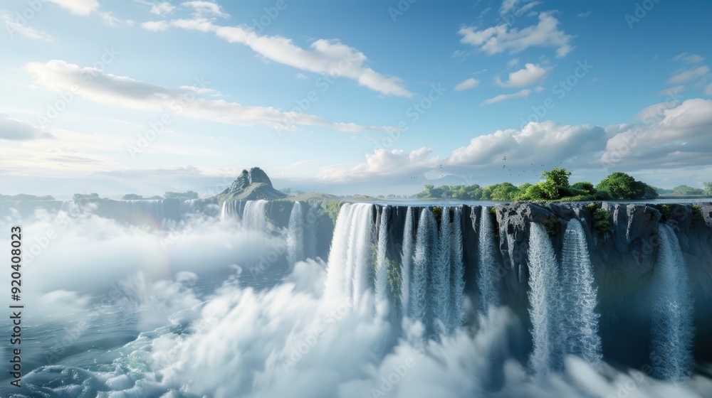 A powerful waterfall crashes over a rocky precipice, creating a dramatic mist and a thunderous roar. A powerful waterfall crashes over a rocky precipice, creating a dramatic mist and a thunderous roar.