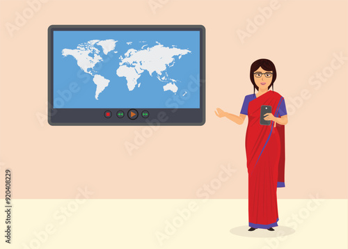 Woman teacher standing in modern school classroom, Woman Teacher in digital classroom