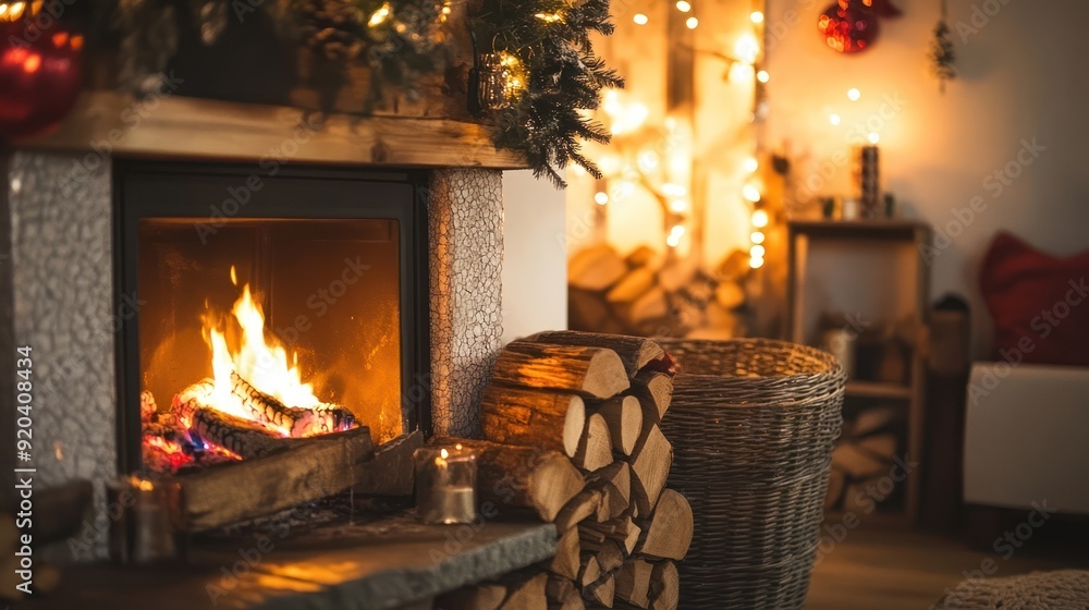 Cozy Fireplace with Stacked Logs and Christmas Decor Cozy Fireplace with Stacked Logs and Christmas Decor