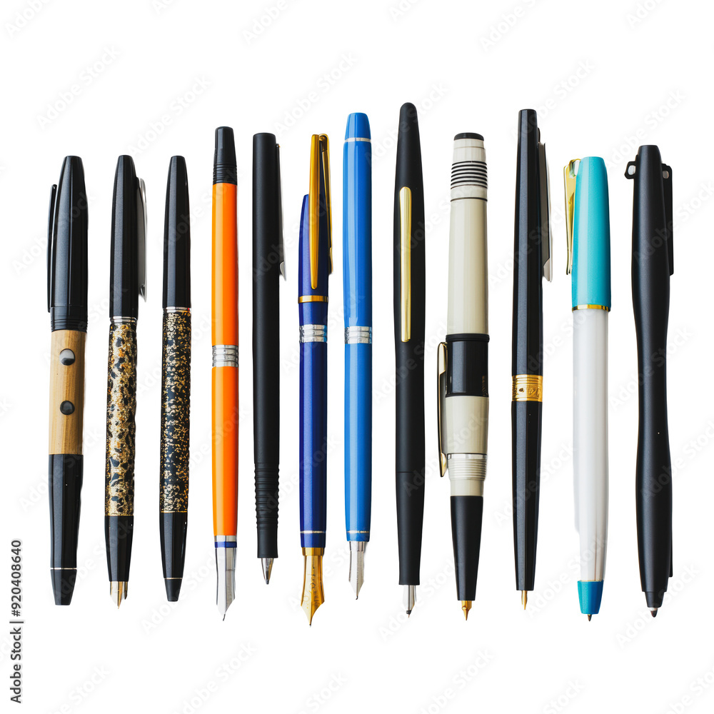 Fototapeta premium PNG A variety of pens displayed on a white surface