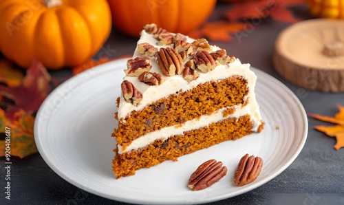 Wallpaper Mural A slice of homemade pumpkin cake with pecan nuts,  Generative AI Torontodigital.ca