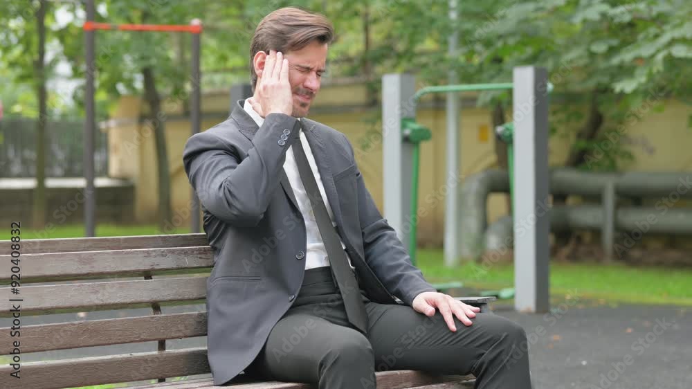 Tense Businessman with Migraine Sitting Outdoor Tense Businessman with Migraine Sitting Outdoor