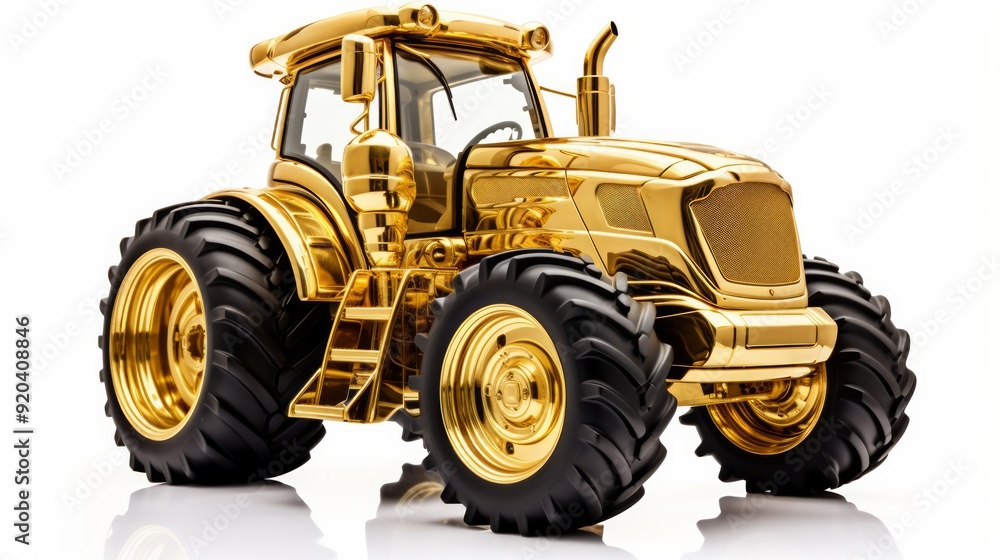 Golden tractor with big wheels isolated on white. Neural network ai generated art Golden tractor with big wheels isolated on white. Neural network ai generated art