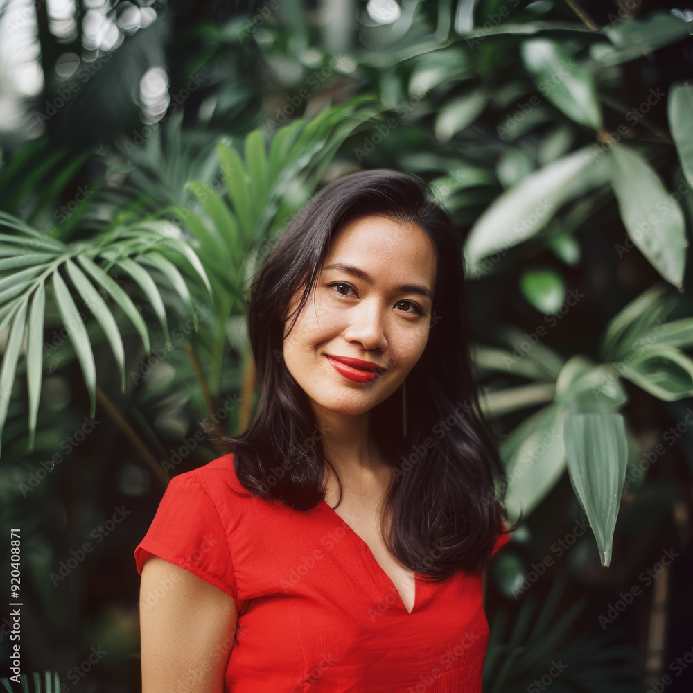 A woman in a vibrant red dress smiles warmly, standing amidst lush greenery, creating a picture of natural beauty and grace. A woman in a vibrant red dress smiles warmly, standing amidst lush greenery, creating a picture of natural beauty and grace.