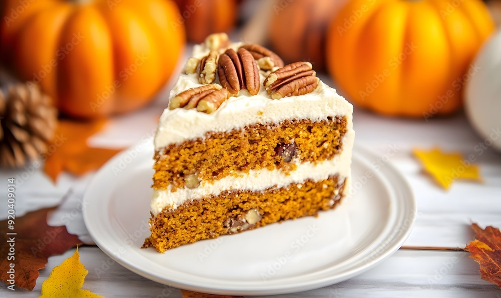 A slice of homemade pumpkin cake with pecan nuts, Generative AI A slice of homemade pumpkin cake with pecan nuts, Generative AI