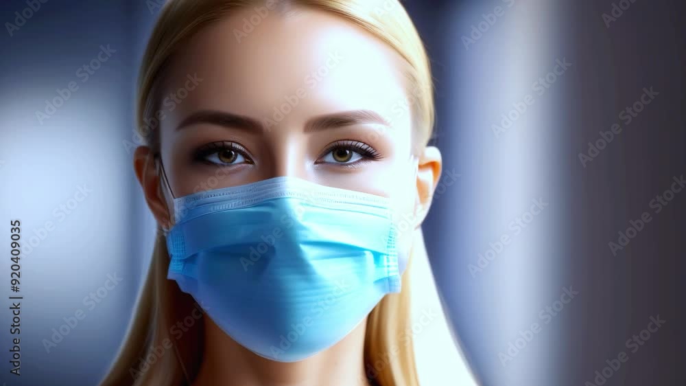 Close-up of a woman wearing a blue surgical mask, serious expression, healthcare and protection concept, pandemic safety measures, medical face mask, essential for virus prevention Close-up of a woman wearing a blue surgical mask, serious expression, healthcare and protection concept, pandemic safety measures, medical face mask, essential for virus prevention