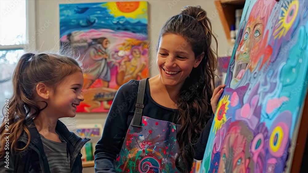 A Young Artist's Inspiration: A mother and daughter, radiating joy, admire vibrant, whimsical artwork in an art studio, celebrating creativity and familial bonds. 