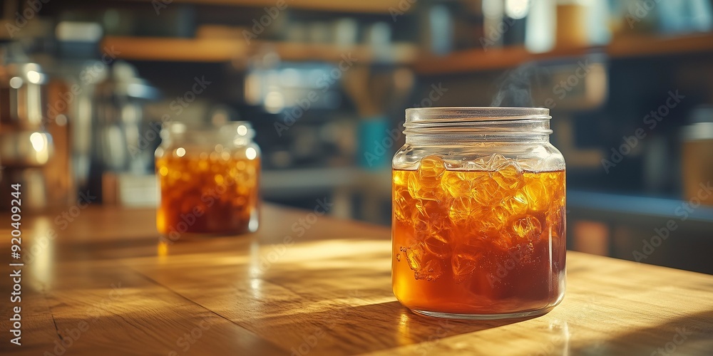 High-Detail Cold Brew Coffee Brewing Process in a Contemporary Kitchen, generative ai High-Detail Cold Brew Coffee Brewing Process in a Contemporary Kitchen, generative ai