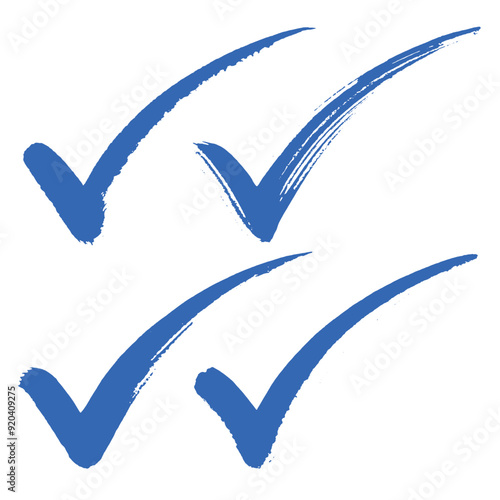 collection of vector blue brush stroke painted check mark, verification, approval, confirmation or completion symbols.