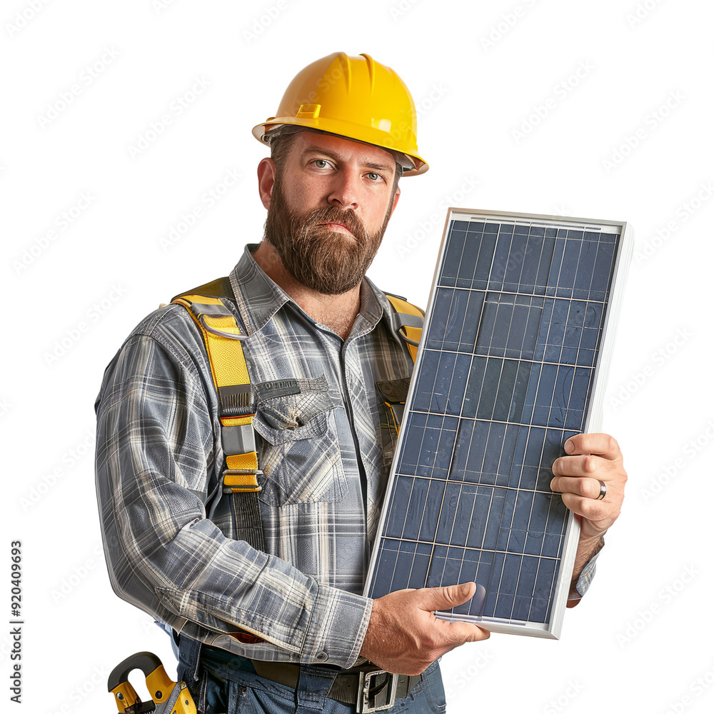 A solar installer in a work shirt, holding a solar panel and a wrench, on a white background. A solar installer in a work shirt, holding a solar panel and a wrench, on a white background.