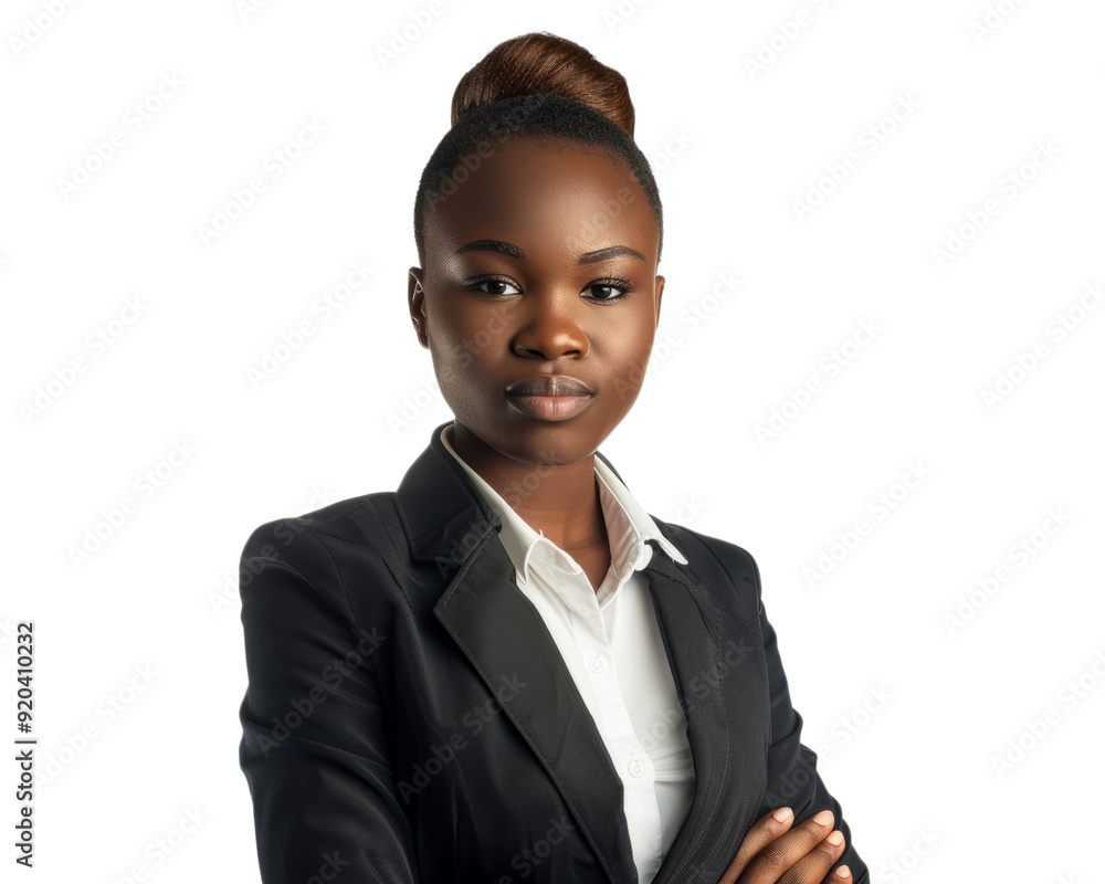 A young female African businesswoman in a power suit, standing confidently, white background. A young female African businesswoman in a power suit, standing confidently, white background.