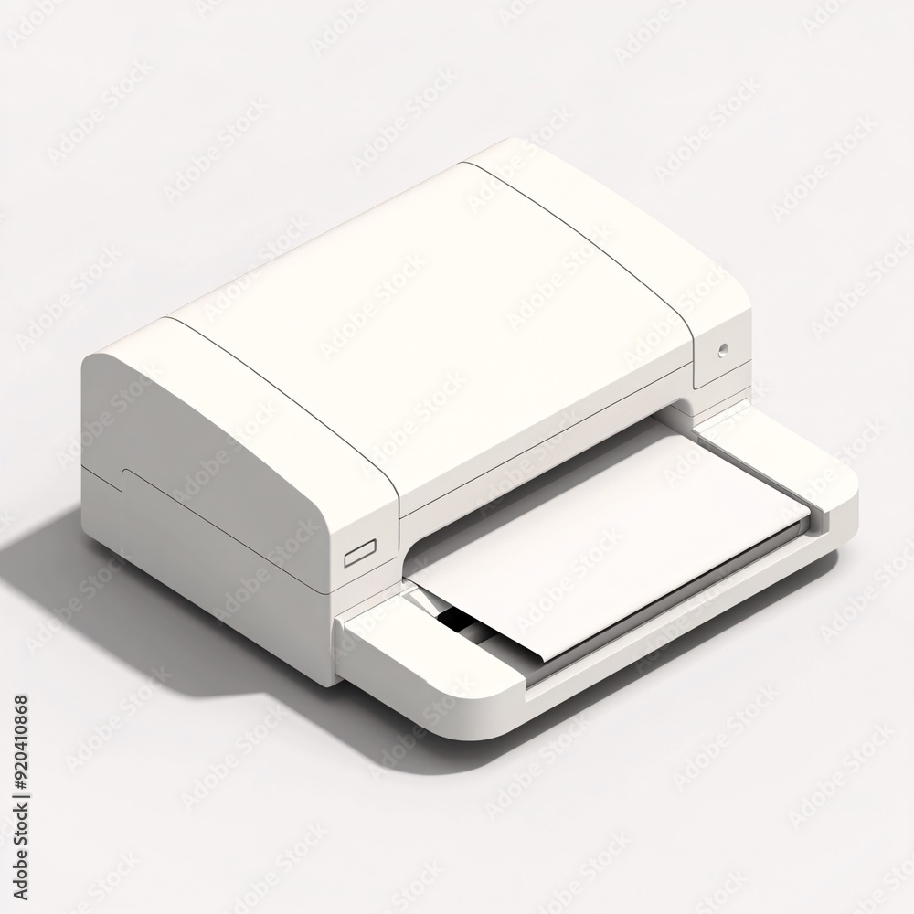 240805 114. Off white colored printer, white background, 3D Rendering, isometric, eco friendly design, rounded corners, visible paper feed path 240805 114. Off white colored printer, white background, 3D Rendering, isometric, eco friendly design, rounded corners, visible paper feed path