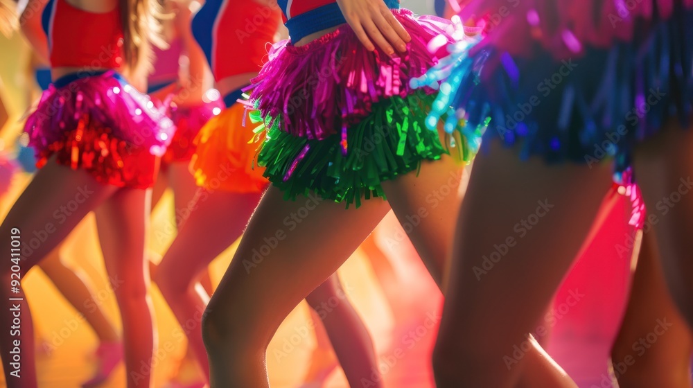 Close-up of a group of beautiful cheerleaders performing at an outdoor sports competition. Close-up of a group of beautiful cheerleaders performing at an outdoor sports competition.
