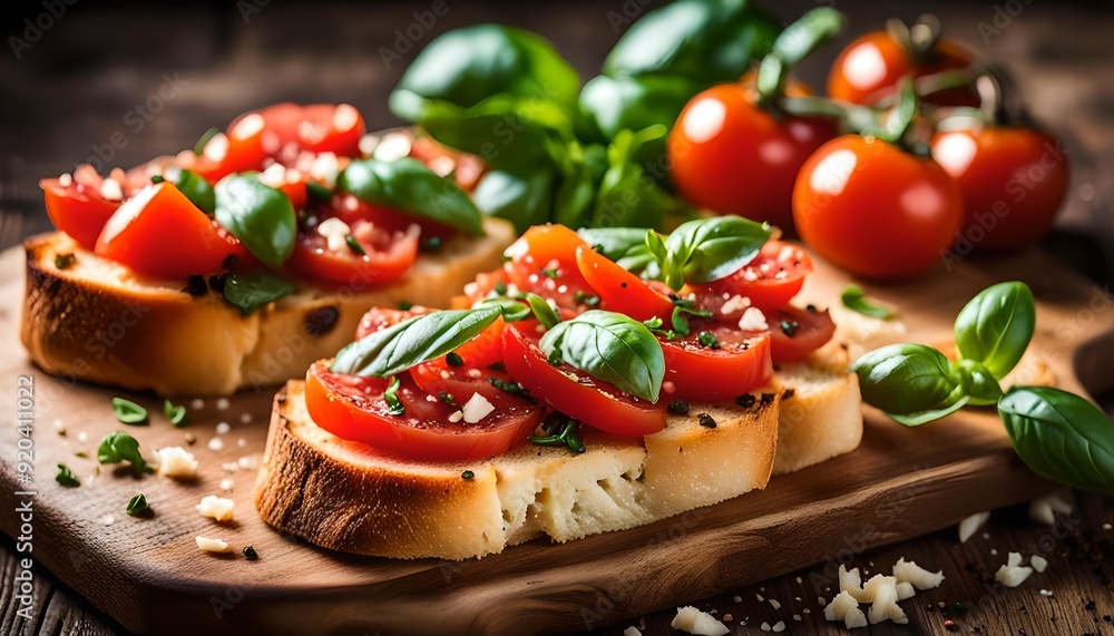 Italian bruschetta with tomato, basil and garlic on a chopping board
Italian bruschetta with tomato, basil and garlic on a chopping board