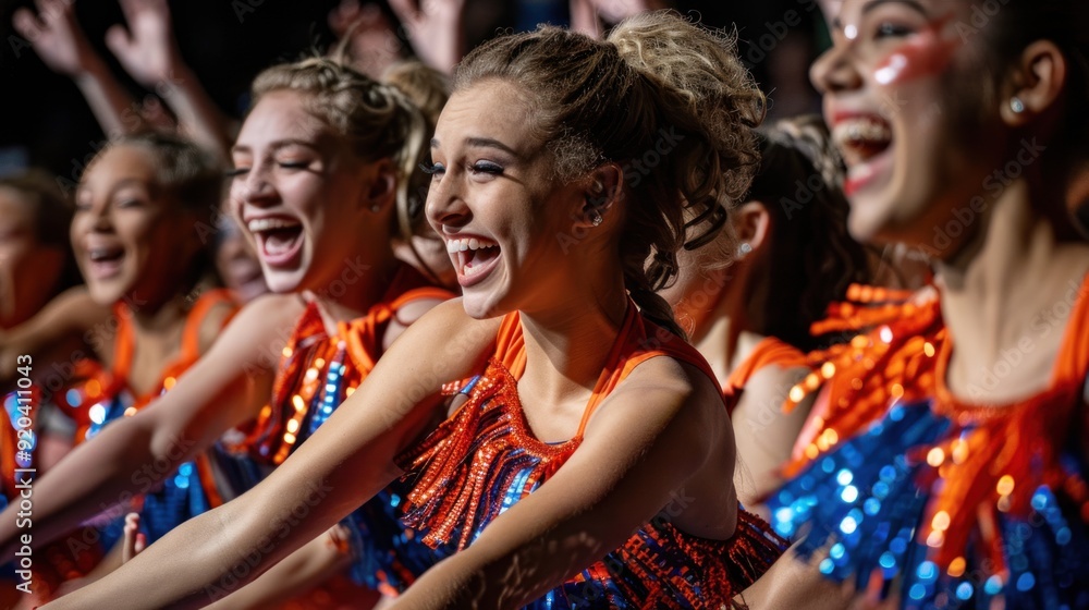 Close-up of a group of beautiful cheerleaders performing at an outdoor sports competition. Close-up of a group of beautiful cheerleaders performing at an outdoor sports competition.