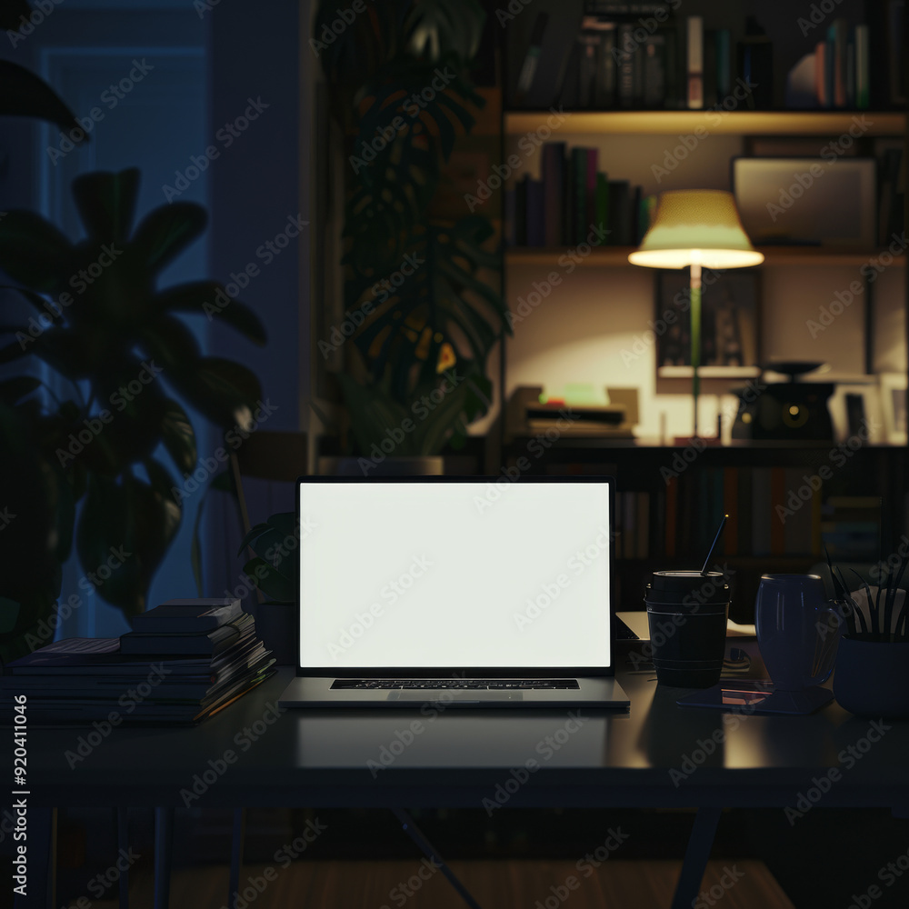 A dimly lit workspace showcasing an open laptop, books, coffee mugs, and leafy plants, creating a cozy, focused environment enhanced by warm, ambient lighting. A dimly lit workspace showcasing an open laptop, books, coffee mugs, and leafy plants, creating a cozy, focused environment enhanced by warm, ambient lighting.