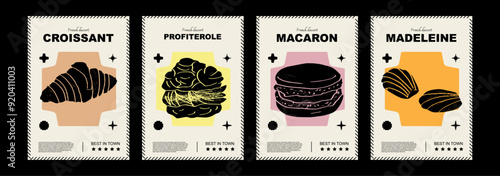 French madeleine, croissant, macaroon, profiteroles. Price tag or poster design. Set of vector illustrations. Typography. Engraving style. Labels, cover, t-shirt print, painting.