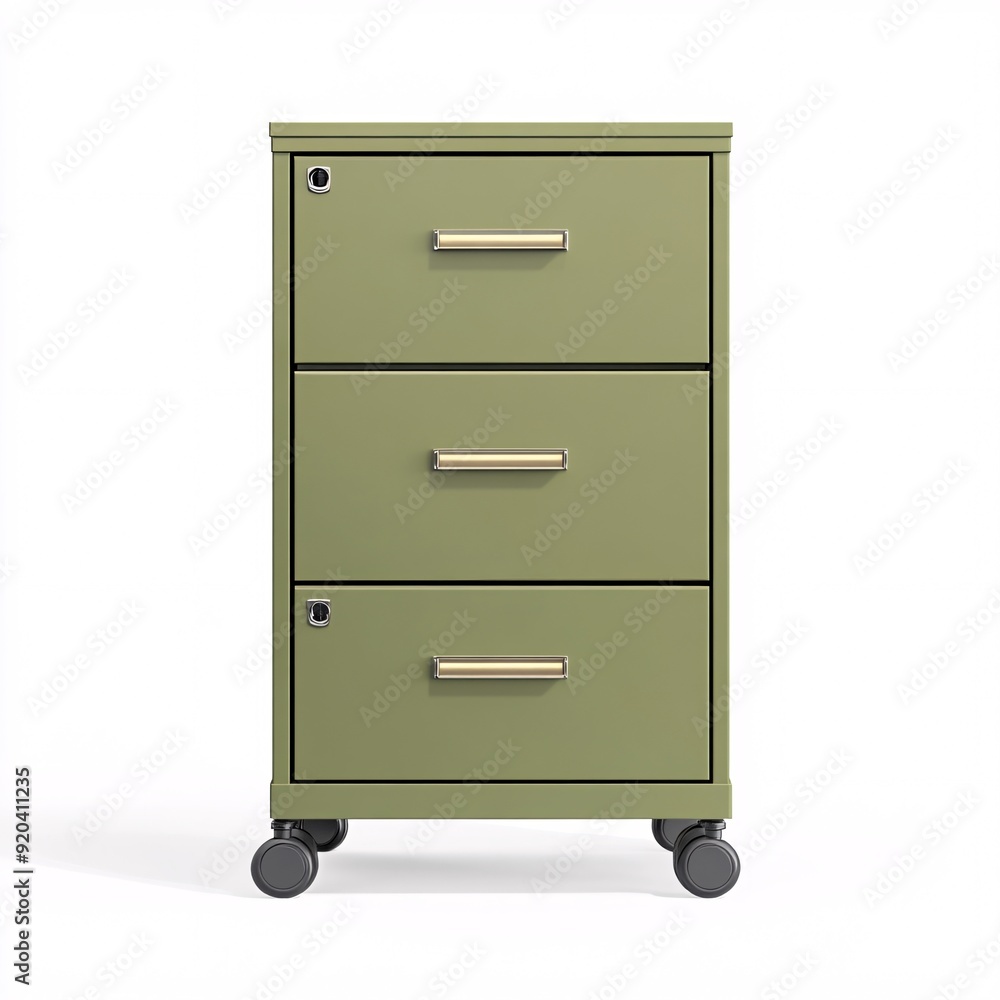 240805 128. File cabinet in muted olive green, white background, 3D Rendering, isometric, compact mobile pedestal design, locking casters, smooth rounded corners 240805 128. File cabinet in muted olive green, white background, 3D Rendering, isometric, compact mobile pedestal design, locking casters, smooth rounded corners
