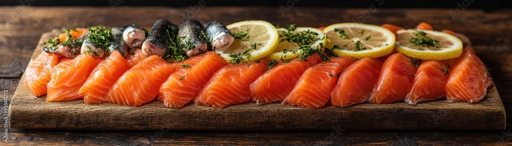 A beautifully arranged platter of fresh salmon and fish, garnished with herbs and lemon slices, showcasing vibrant colors and textures on a wooden board A beautifully arranged platter of fresh salmon and fish, garnished with herbs and lemon slices, showcasing vibrant colors and textures on a wooden board