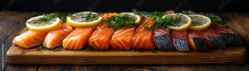 A beautifully arranged platter of salmon, featuring slices with lemon and fresh dill on a wooden board, showcasing vibrant colors and textures A beautifully arranged platter of salmon, featuring slices with lemon and fresh dill on a wooden board, showcasing vibrant colors and textures