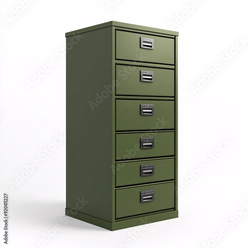 240805 129. Olive green colored file cabinet, white background, 3D Rendering, isometric, fireproof construction, digital keypad lock, reinforced steel body