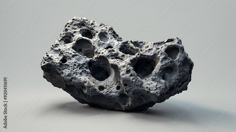 A detailed image of a volcanic basalt rock with its characteristic porous texture centered on a light grey background to emphasize its ruggedness. A detailed image of a volcanic basalt rock with its characteristic porous texture centered on a light grey background to emphasize its ruggedness.