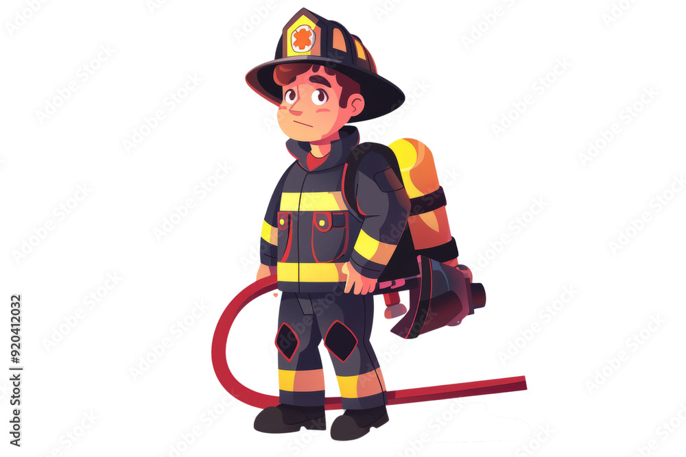 A firefighter in a uniform, holding a fire helmet and a fire hose, on a white background A firefighter in a uniform, holding a fire helmet and a fire hose, on a white background