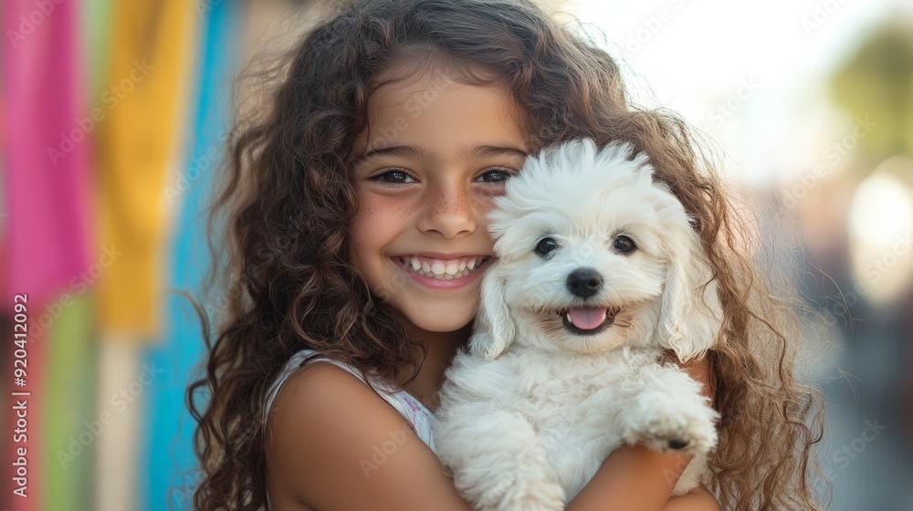 Joyful Girl Embracing Fluffy Dog in Sunny Outdoor Scene Joyful Girl Embracing Fluffy Dog in Sunny Outdoor Scene