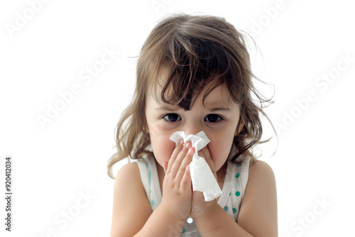 A crying little girl with a crumpled tissue in her hand, against a white background. photo