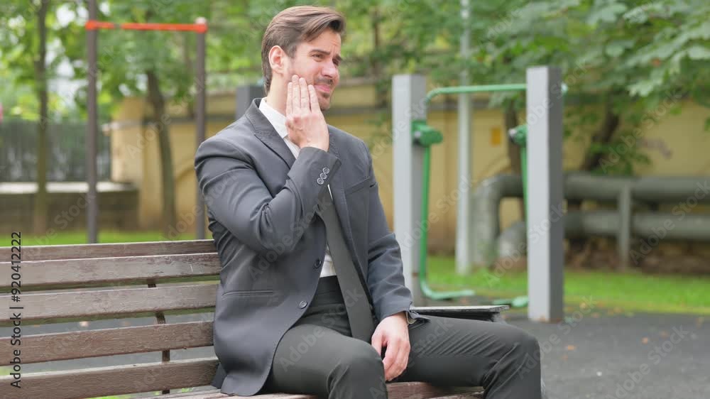 Businessman in Pain with Toothache Sitting Outdoor Businessman in Pain with Toothache Sitting Outdoor