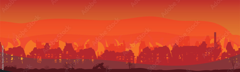 Naklejka premium A leader in a destroyed city. the war destroyed the settlement. Panorama. Vector