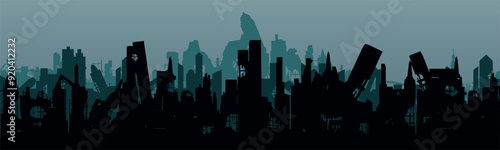 Silhouette of a bombed street. Ruined city. Sad evening twilight. Earthquake. Apocalypse of war. Vector.