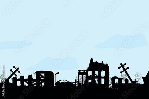Silhouette of a destroyed city during the day. Collapsed houses after the war and earthquake. Vector
