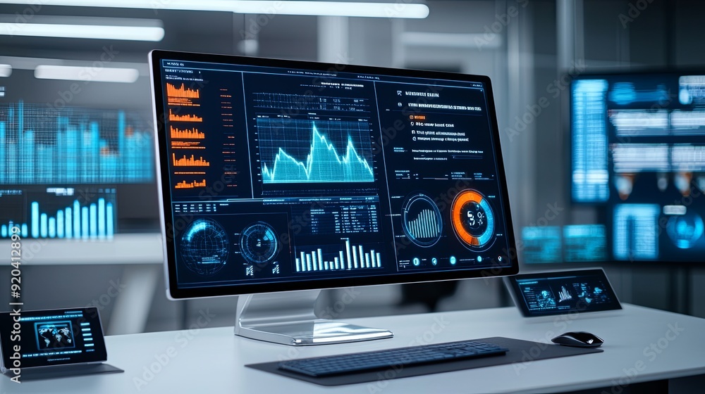 semi close-up of a modern entrepreneur's desk with a holographic business plan projecting innovative strategies for market disruption, financial charts and predictive analytics indicating semi close-up of a modern entrepreneur's desk with a holographic business plan projecting innovative strategies for market disruption, financial charts and predictive analytics indicating