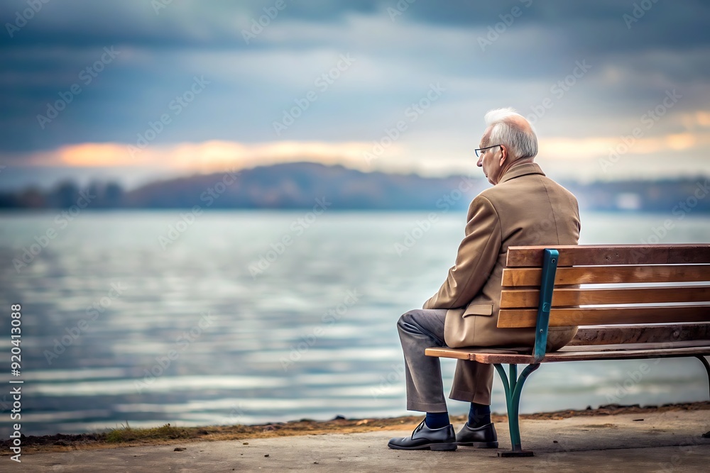 Elderly man sitting on a bench by a lake. Elderly man sitting on a bench by a lake.
