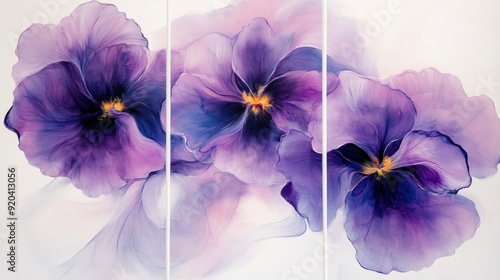 Wallpaper Mural Set of 3 wall art panels with soft pansies abstract painting, white background, close up, split into three - Torontodigital.ca