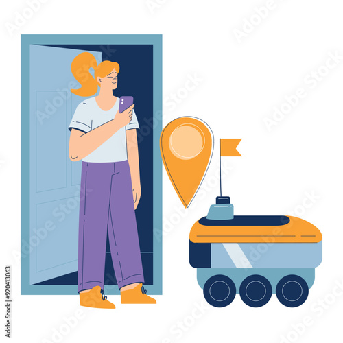 Woman Use Robot Online Delivery Service Vector Illustration