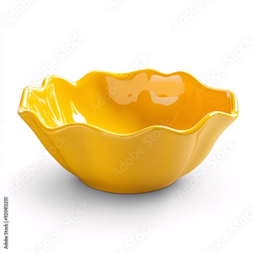 240805 196. Snack bowl, sunny yellow color, white background, 3D Rendering, isometric, ceramic material, wavy rim design, chip resistant photo